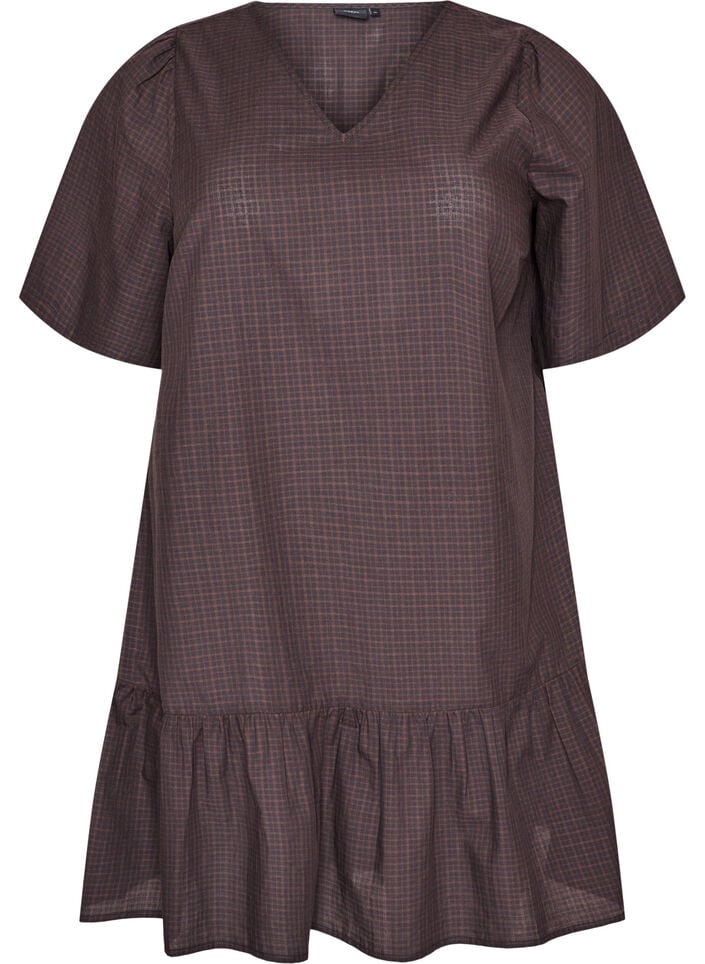 Short checked dress with ruffle hem, Brown, Packshot image number 0