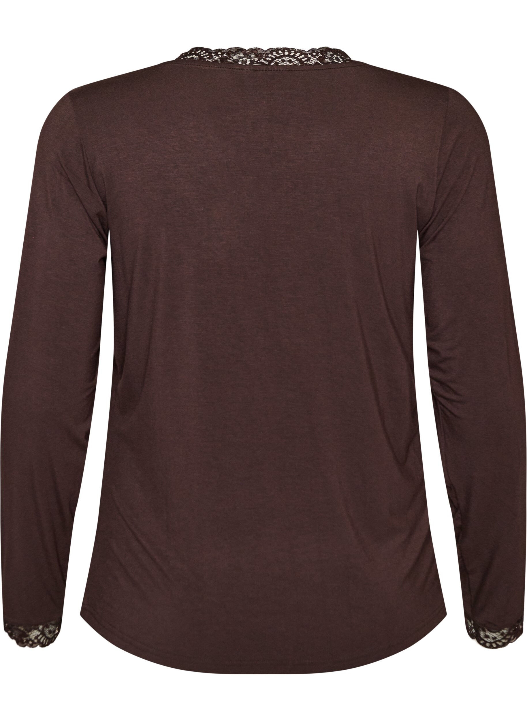 ZizzifashionViscose blouse with lace trim and V-neck, Brown, Packshot image number 1