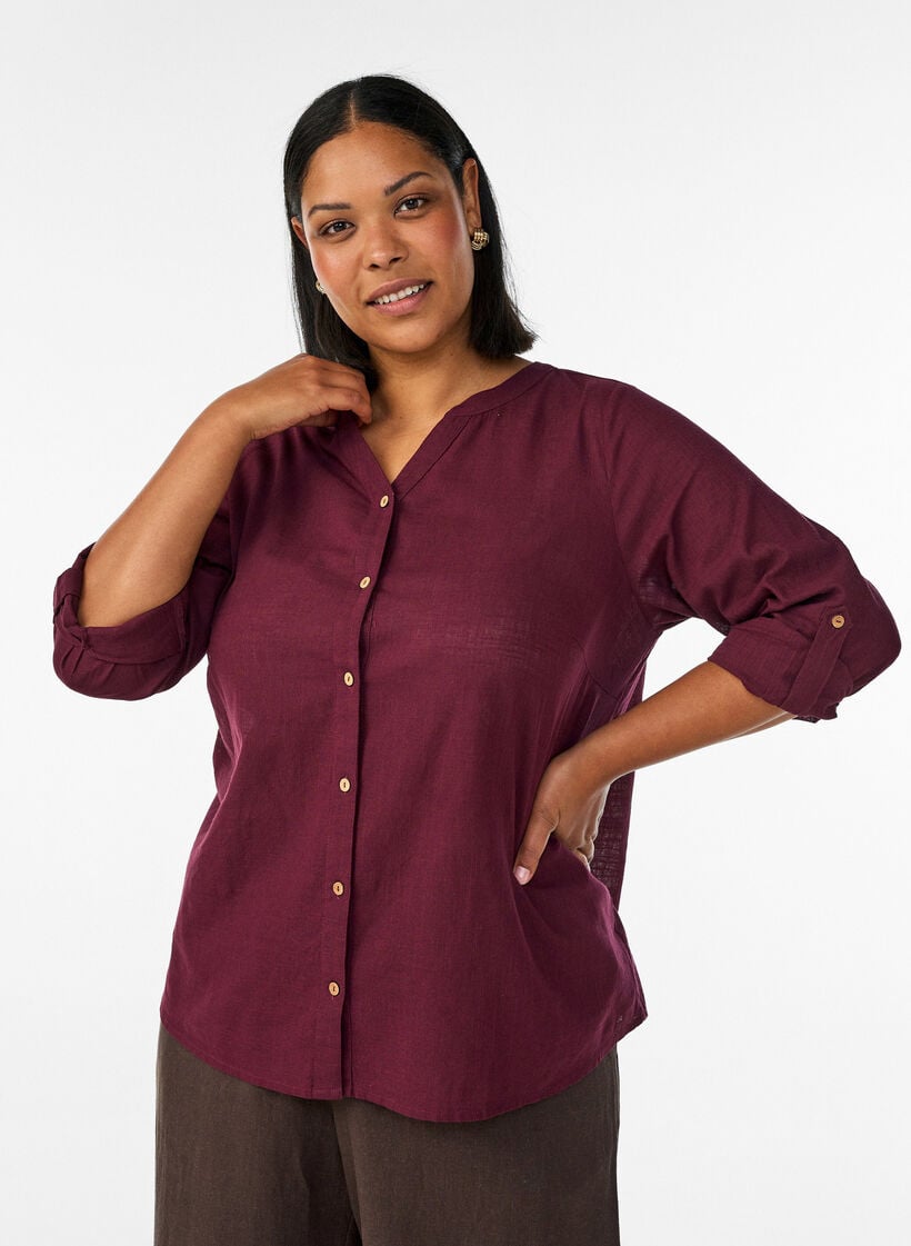 Cotton shirt blouse with a v-neck, Red, Model image number 0
