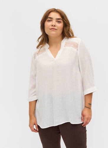 Viscose blouse with 3/4 sleeves and lace details, Bright White, Model image number 0