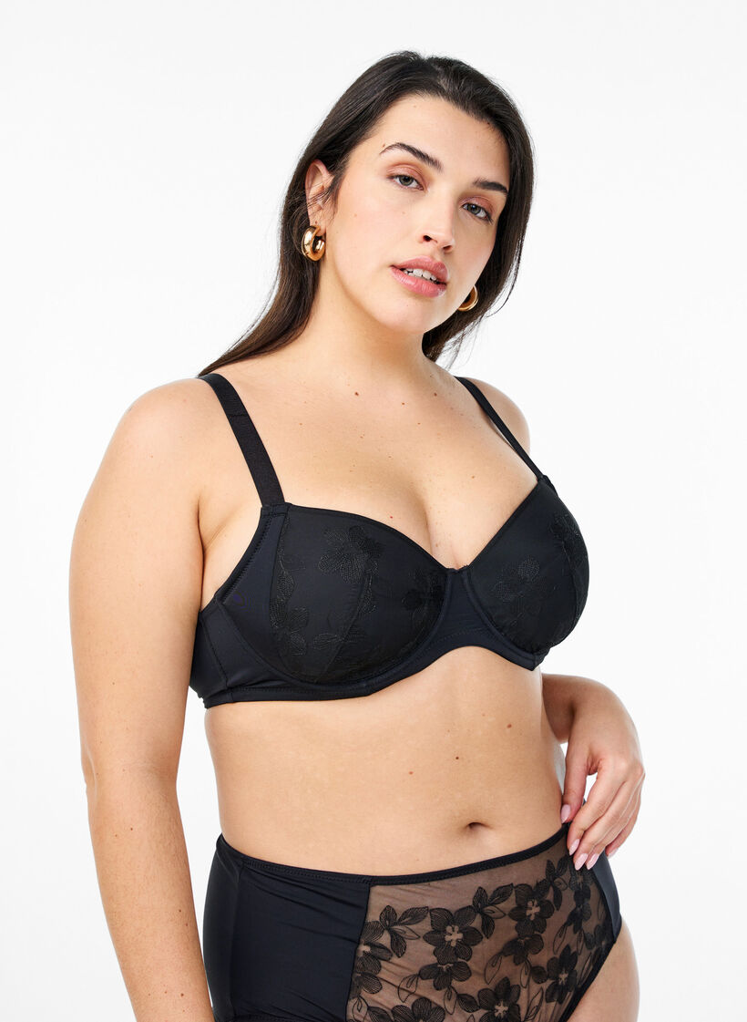 Padded bra with floral embroidery, Black, Model image number 0