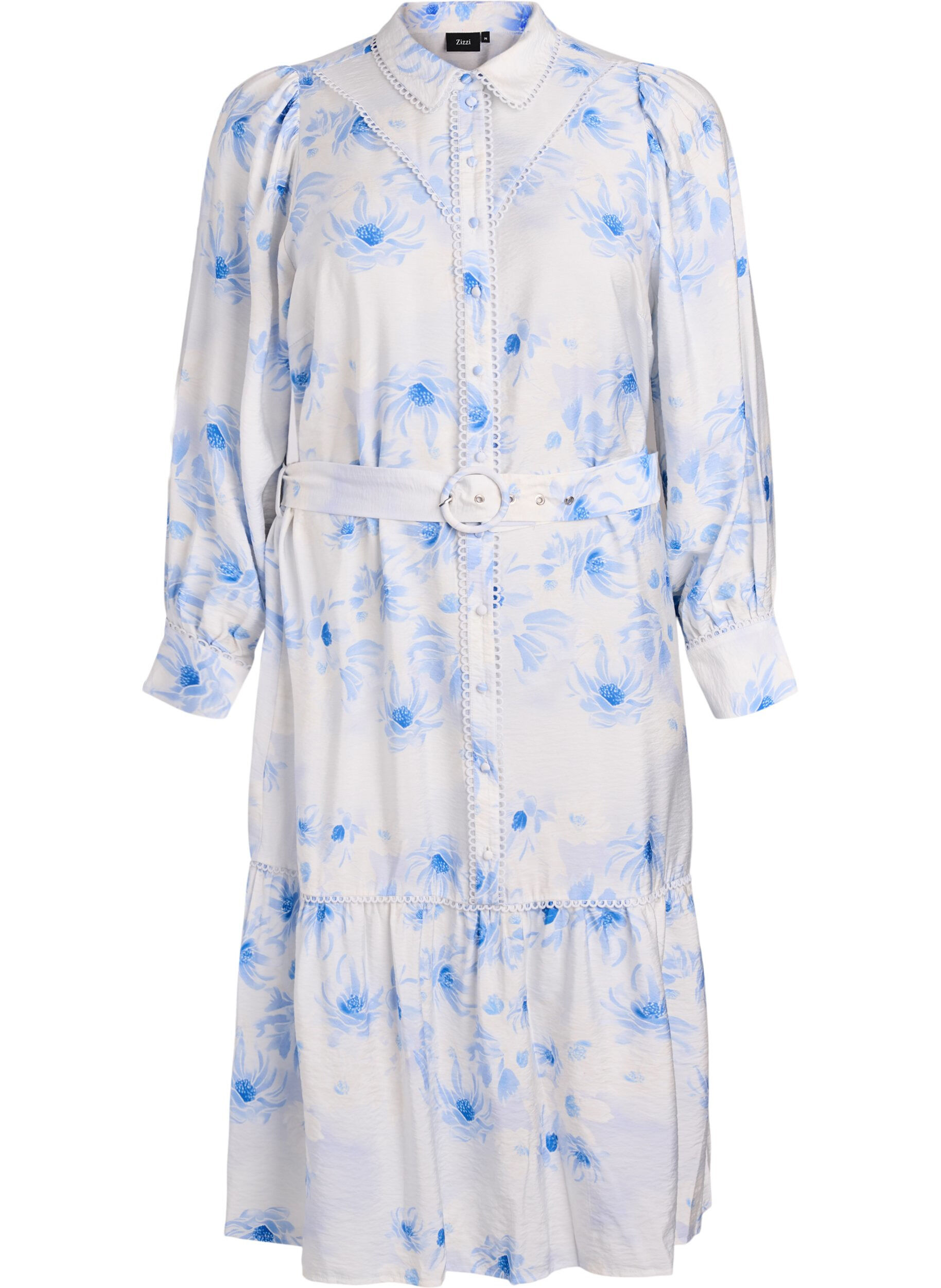 Zizzifashion Floral midi dress with a belt and long sleeves, Light Blue, Packshot image number 0