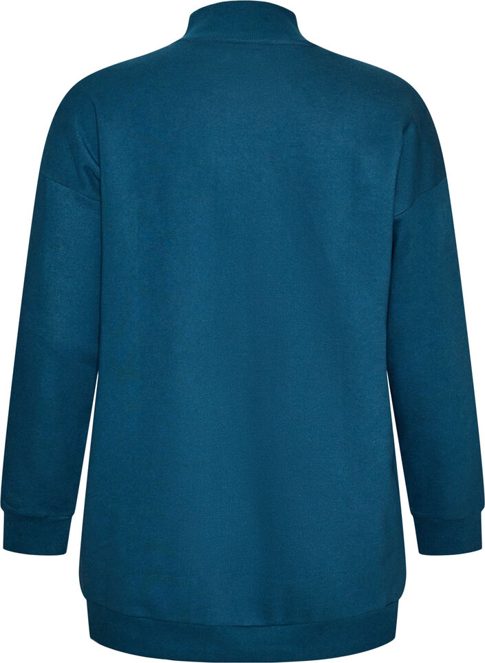 Long sweatshirt with high neck and embroidered text, Blue, Packshot image number 1