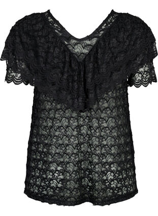 Short-sleeved blouse with frills, Black, Packshot image number 1
