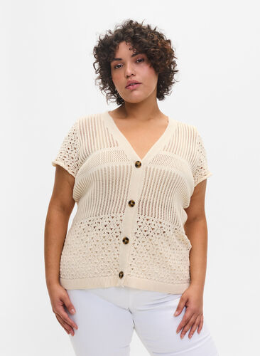 Short-sleeved knit cardigan with buttons, Warm Off-white, Model image number 0