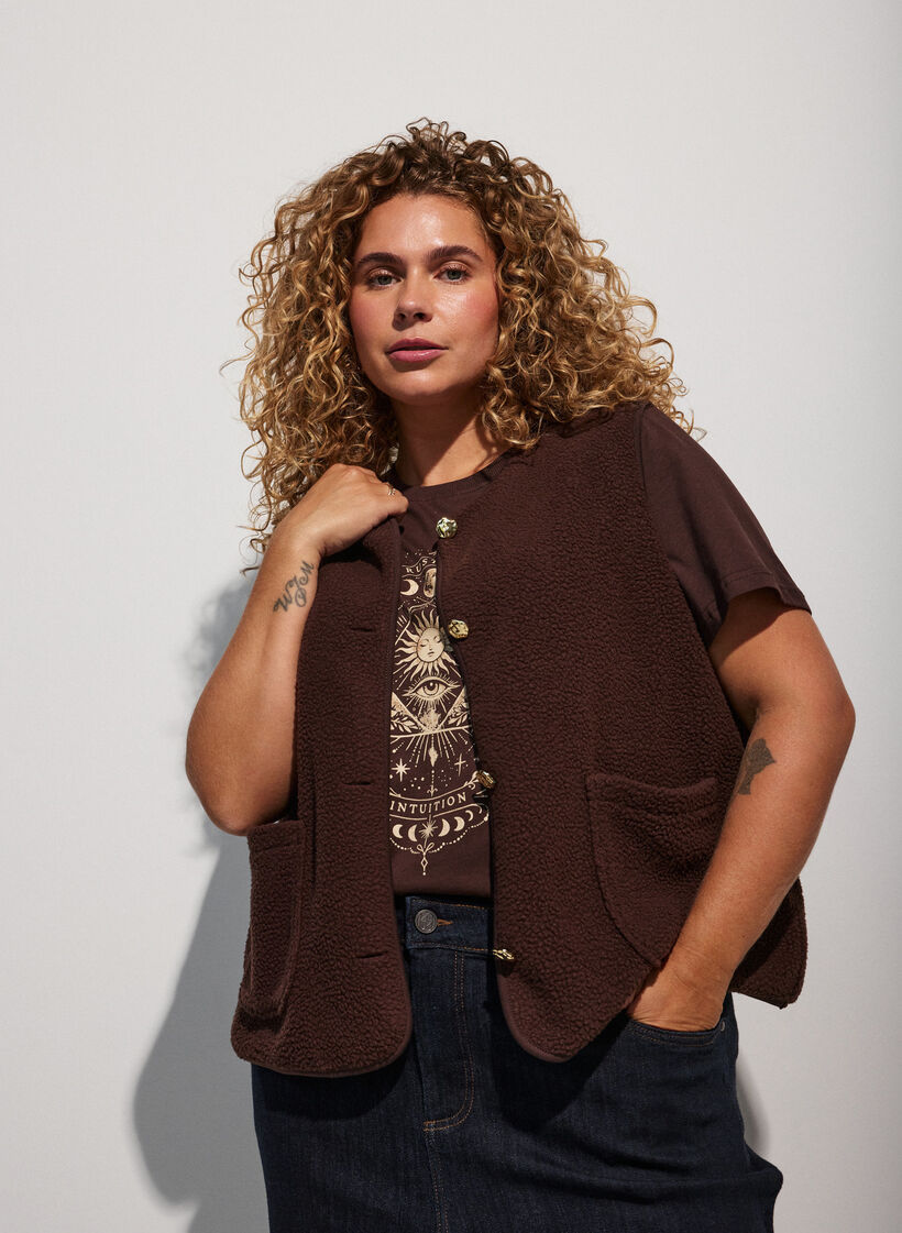 Teddy gilet with buttons and pockets, Brown, Model image number 0