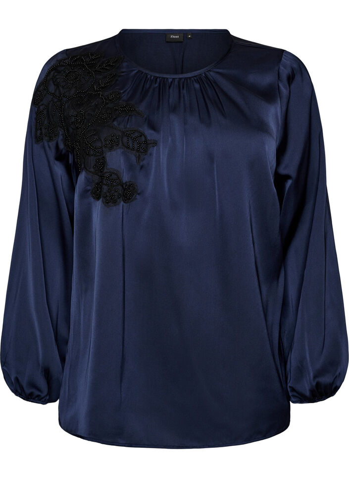 Satin blouse with lace appliqu&eacute; and pearls, Blue, Packshot image number 0