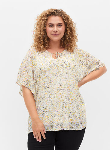 Printed blouse with tie strings and short sleeves, Icicle Flower AOP, Model image number 0