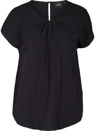 Short-sleeved viscose blouse with round neck, Black, Packshot image number 0