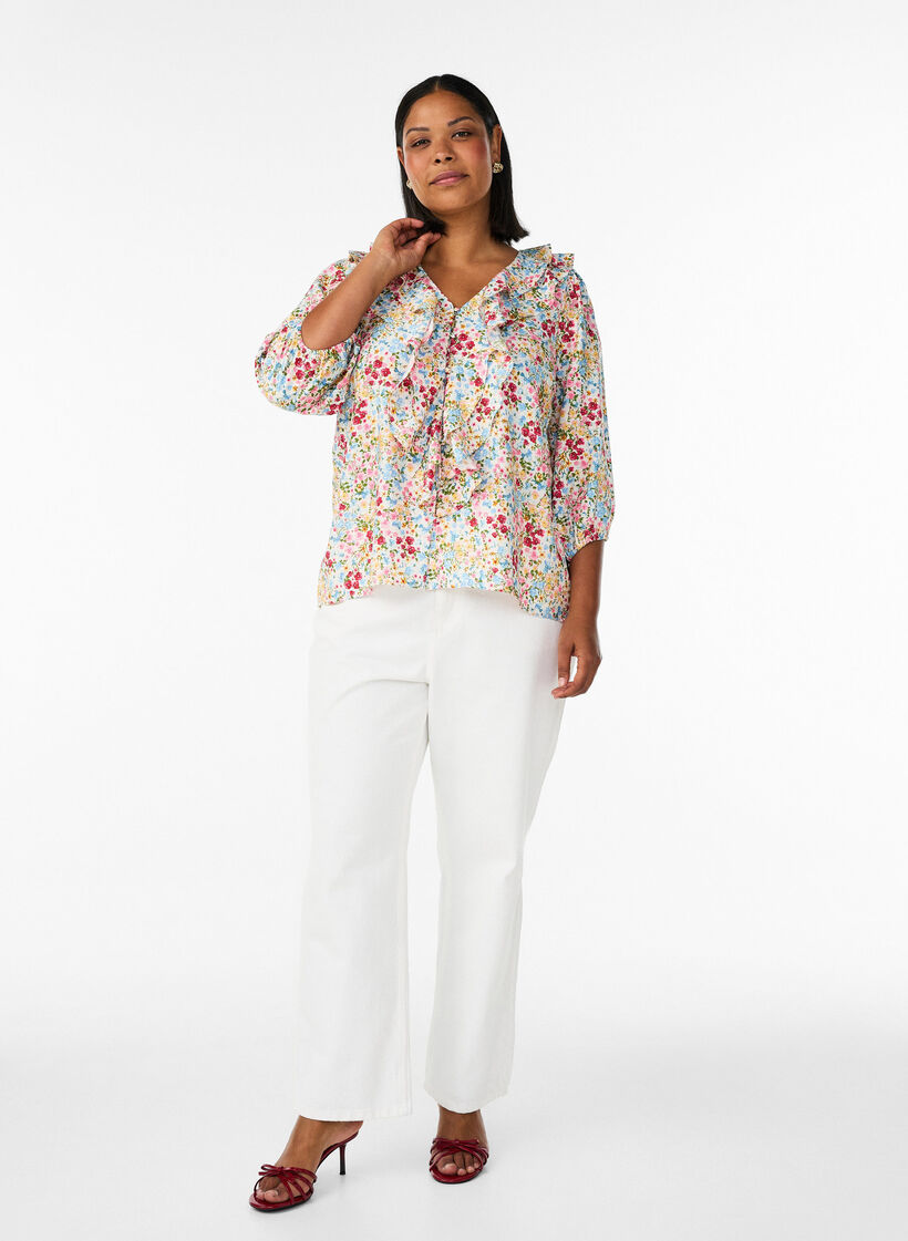 Viscose blouse with floral print and 3/4 sleeves, Blue, Model image number 1