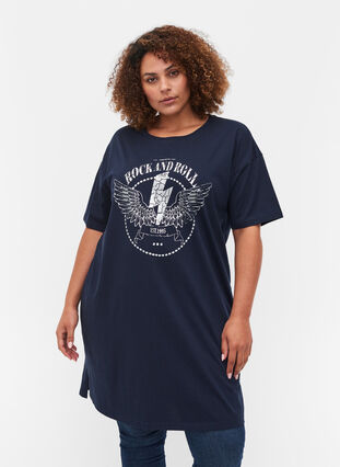 T-shirt dress in cotton with print details, Navy Blazer, Model image number 0