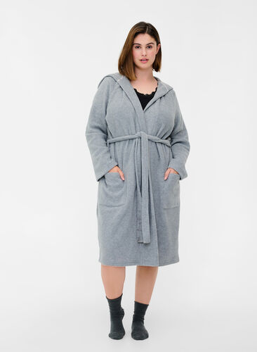 Bathrobe with hood and pockets, Grey, Model image number 0