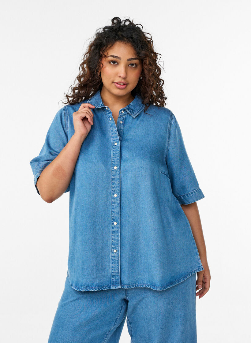 Short-sleeved denim-look lyocell shirt, Light Blue, Model image number 0