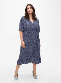 Printed wrap dress with short sleeves , M. Blue Graphic AOP, Model