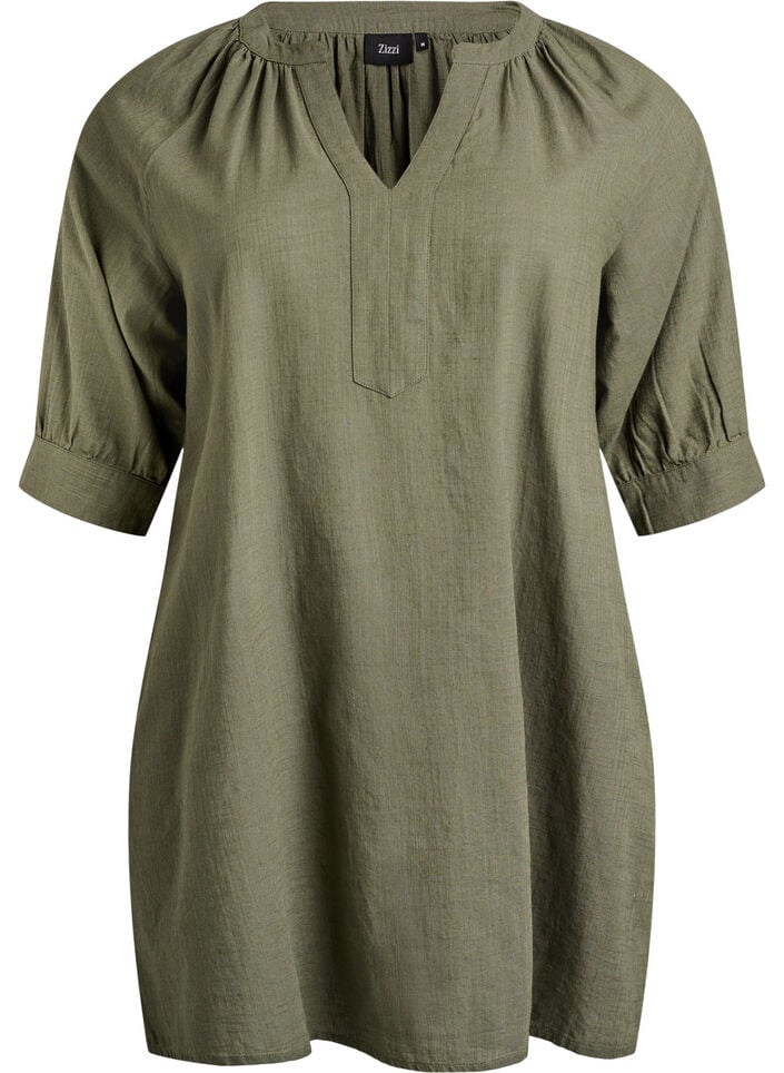 Cotton tunic with a V-neck, Green, Packshot image number 0