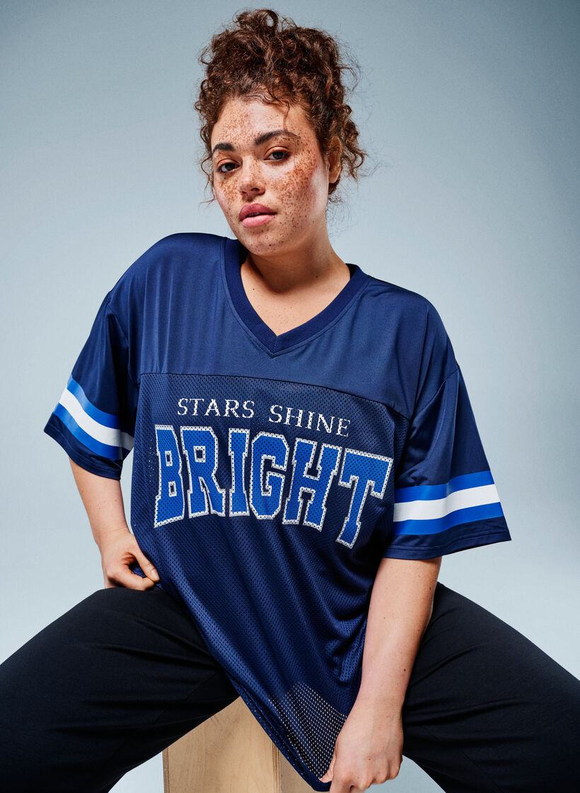 Workout t-shirt with a V-neck and front print, Blue, Image