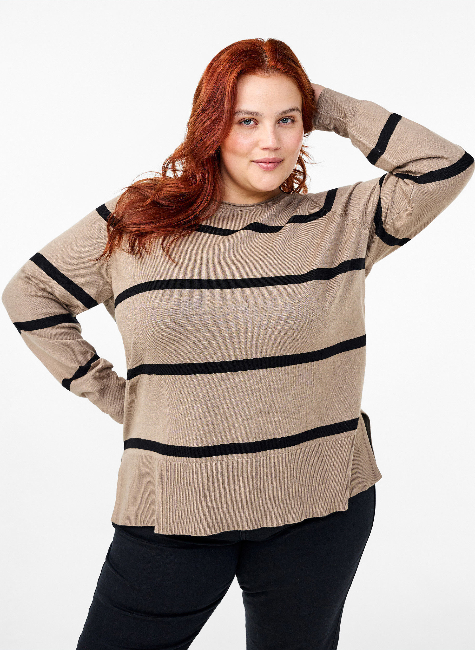 Zizzifashion Knitted viscose blouse with stripes, Grey, Model image number 0