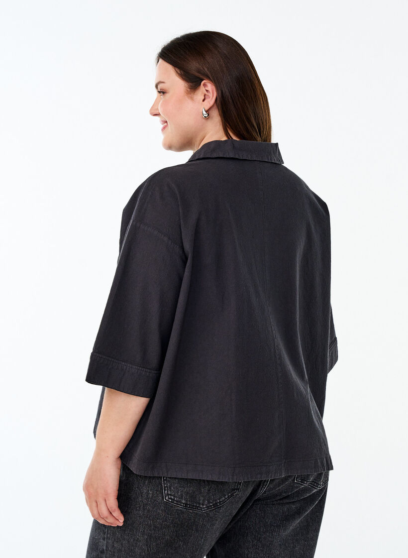 Loose blouse with collar and 1/2 sleeves, Black, Model image number 2