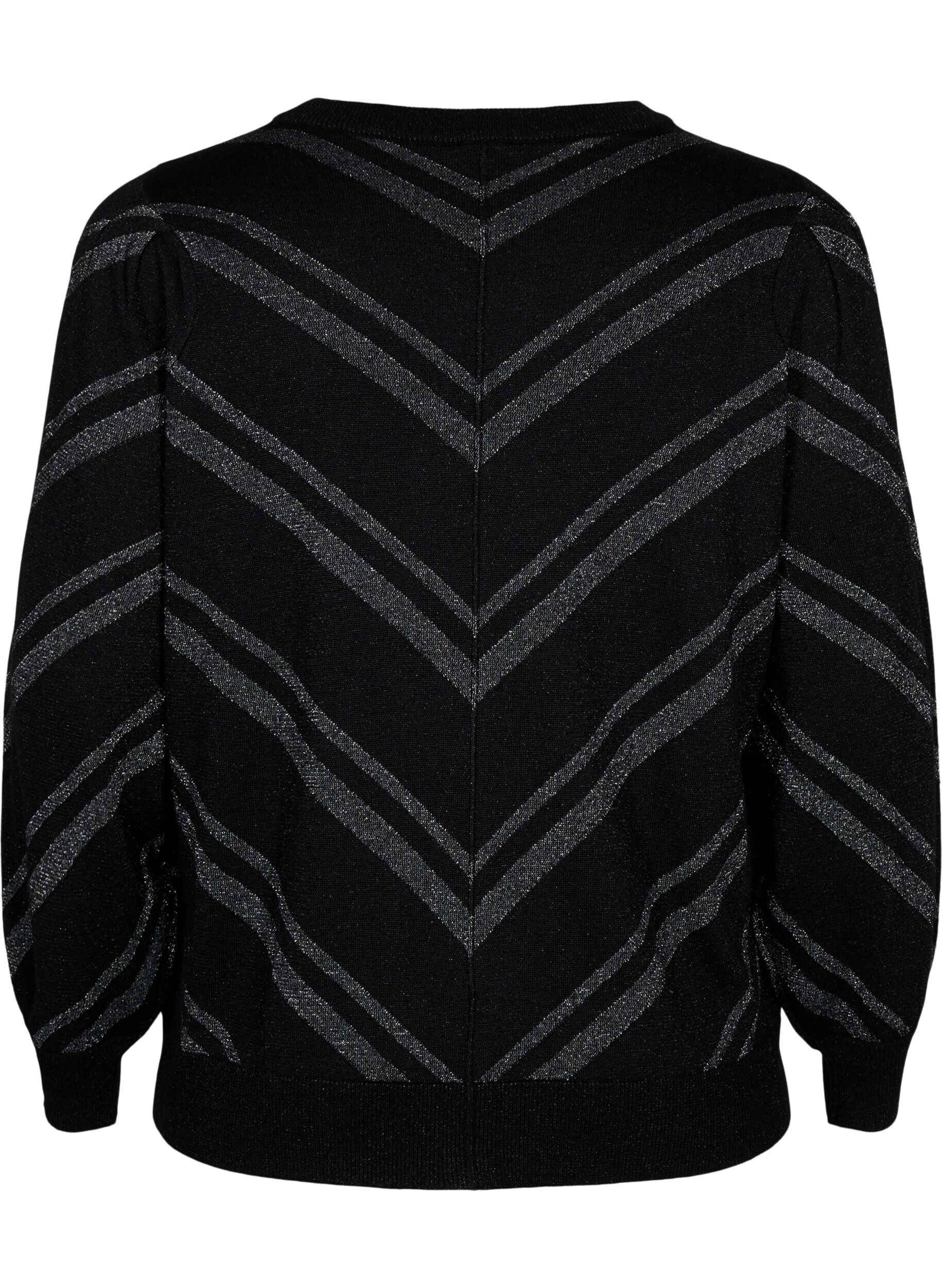 Zizzifashion Knitted jumper with a round neck and shimmer, Black w.S.L.Stripes, Packshot image number 1