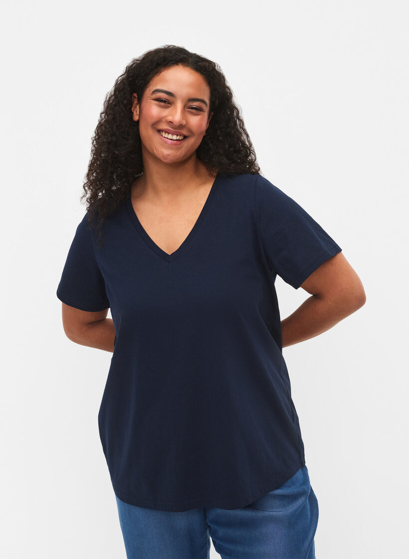 Short sleeve t-shirt with v-neckline, Blue, Model image number 0