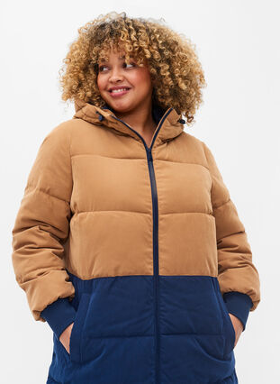 Long winter jacket with colour block, Tobacco Brown w/navy, Model image number 2