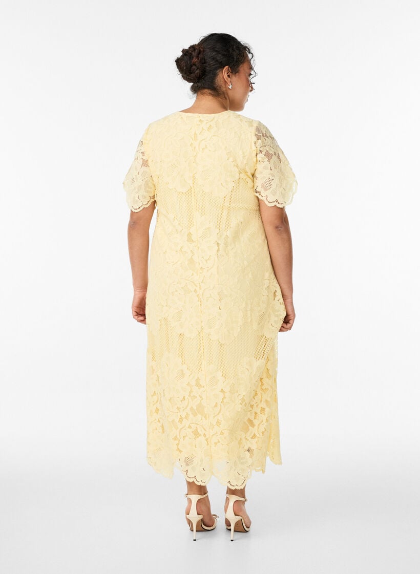 Midi lace dress with scalloped edges, Yellow, Model image number 1