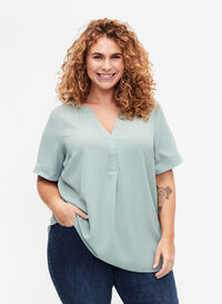 Short-sleeved blouse with v-neckline, Chinois Green, Model