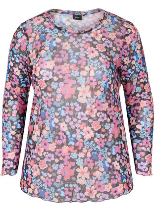 Tight fit mesh blouse with floral print, Flower AOP, Packshot image number 0
