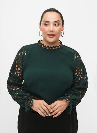 Viscose blouse with crochet sleeves, Scarab, Model image number 0