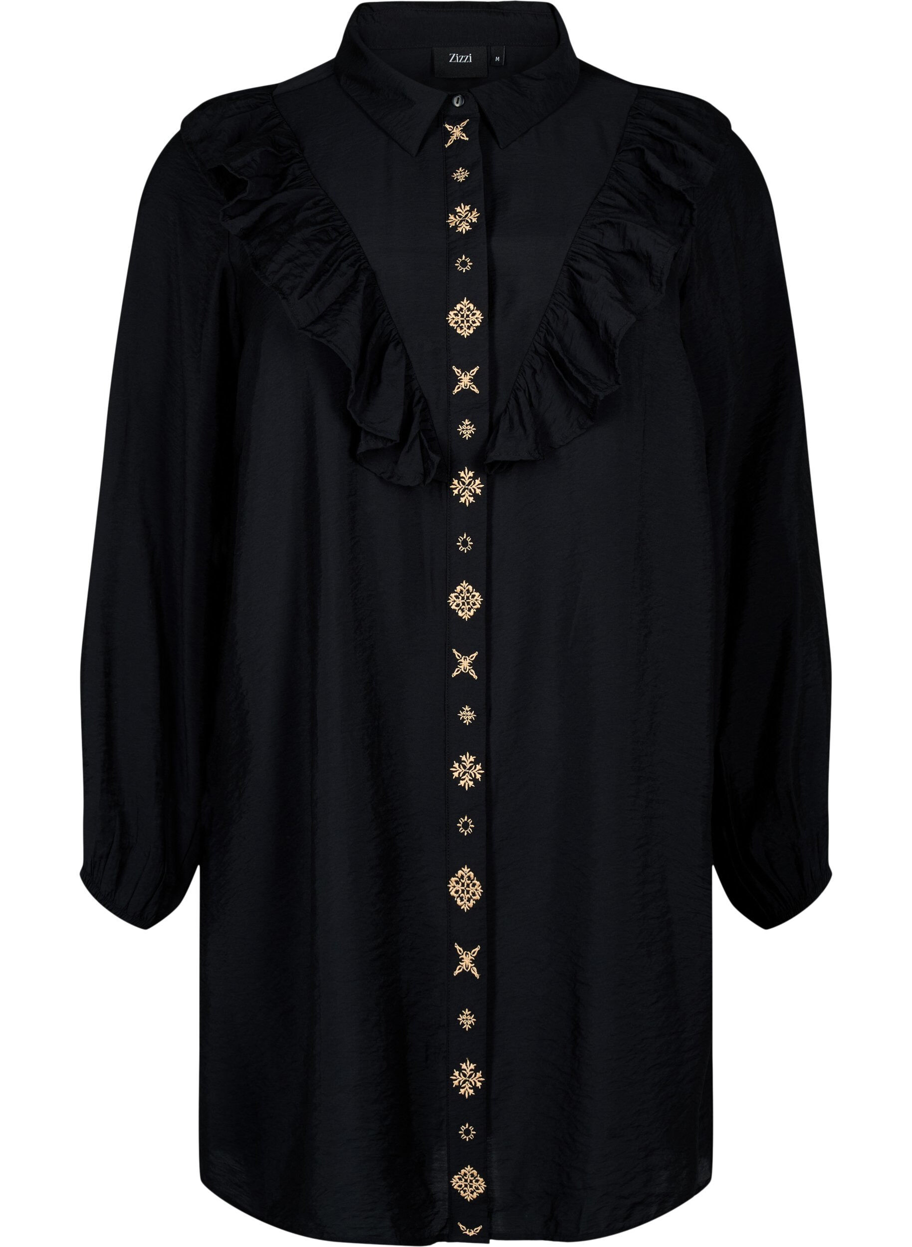 Zizzifashion Shirt dress with ruffles and embroidery, Black, Packshot image number 0