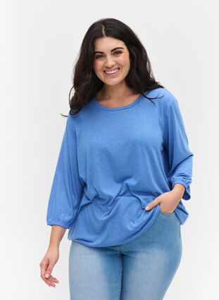Plain blouse with 3/4 sleeves, Ultramarine Mel, Model image number 0