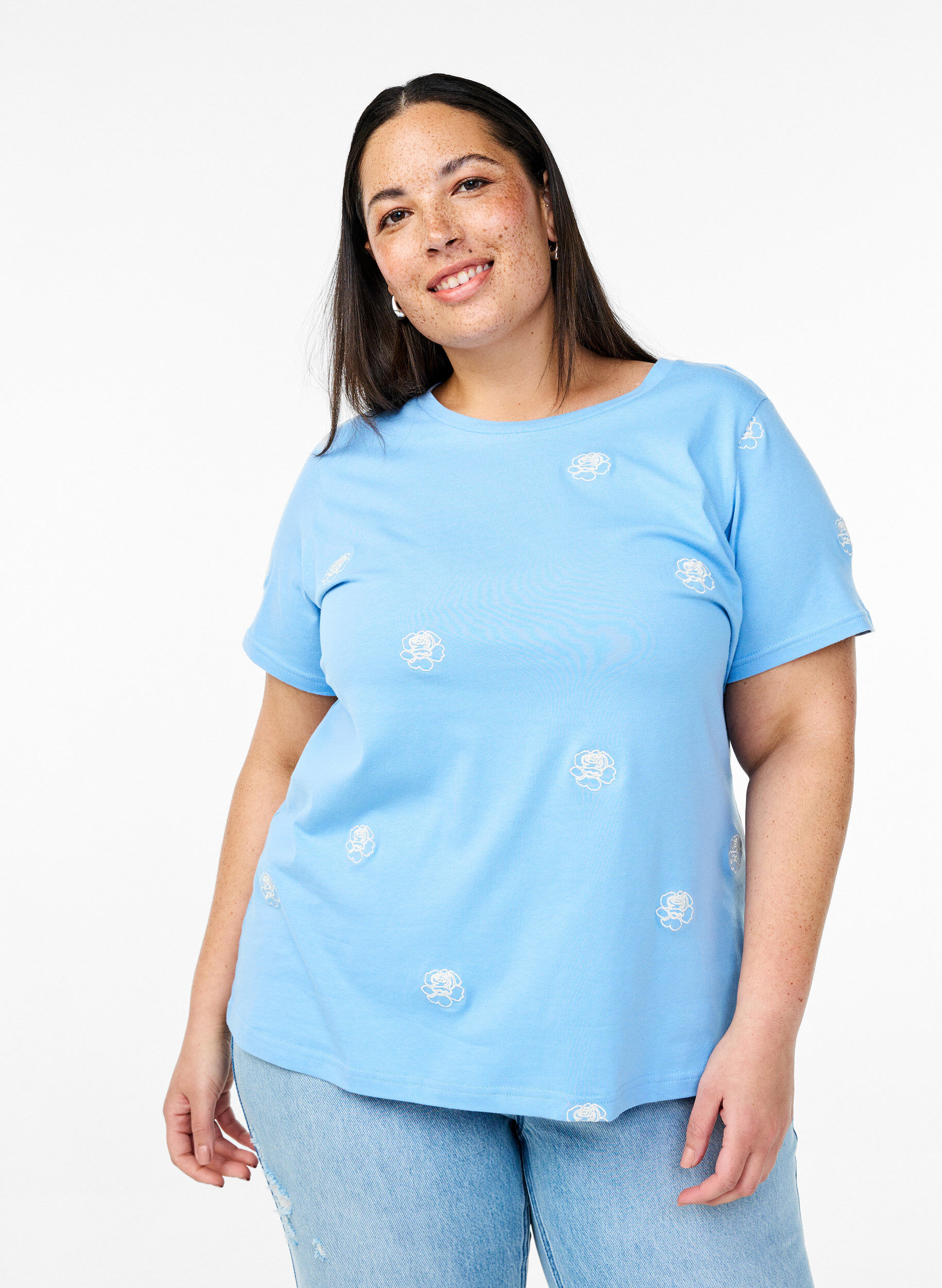 ZizzifashionT-shirt in organic cotton with embroidered motifs, Light Blue, Model image number 0