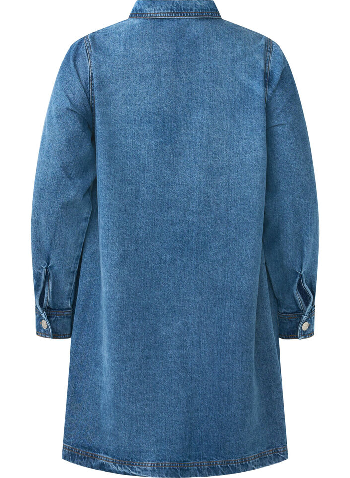 Short denim dress with A-shape and long sleeves, Blue Denim, Packshot image number 1
