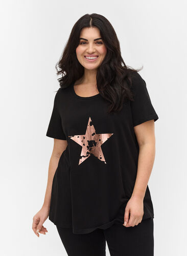 Short-sleeved t-shirt with print, Black w. star copper, Model image number 0
