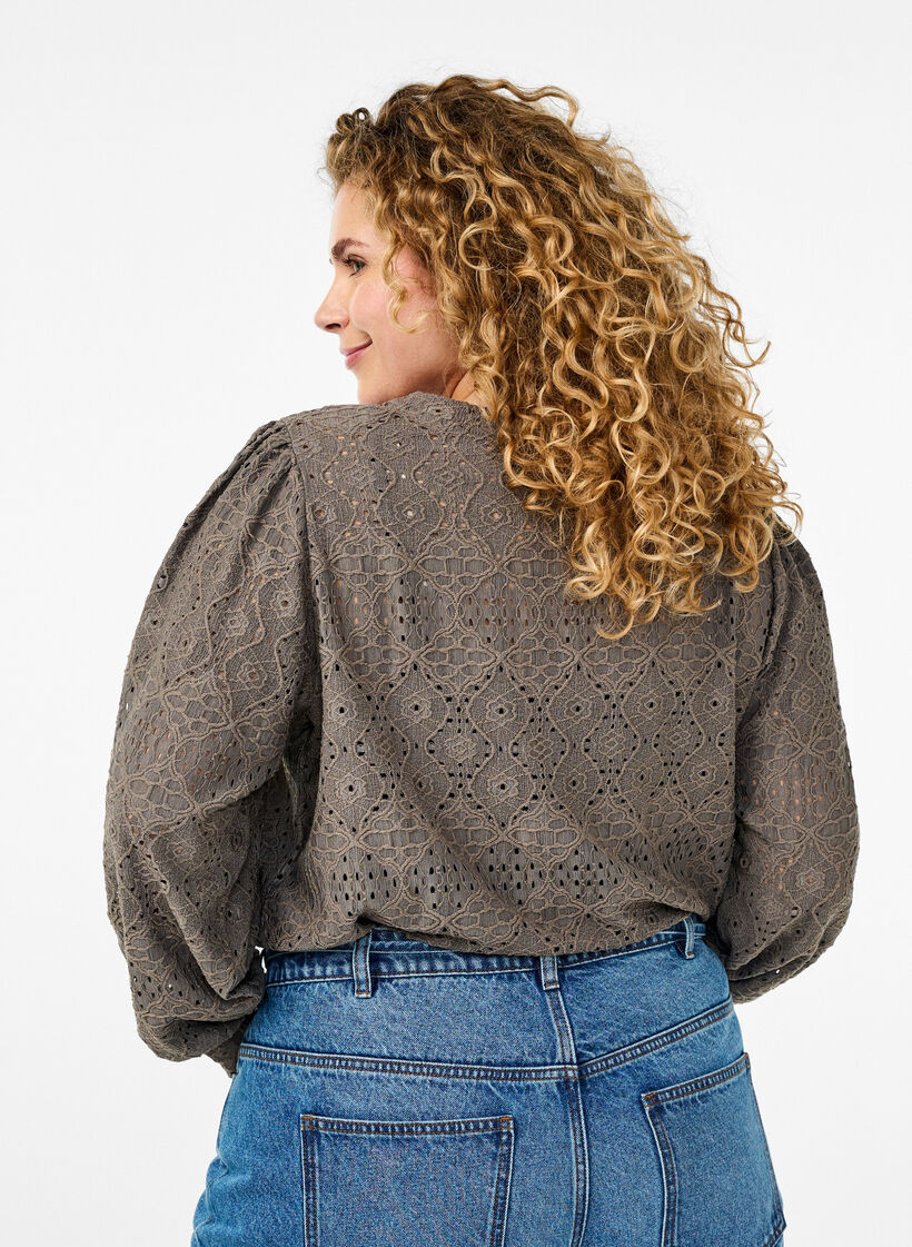 Long-sleeved blouse with an openwork pattern, Brown, Model image number 2