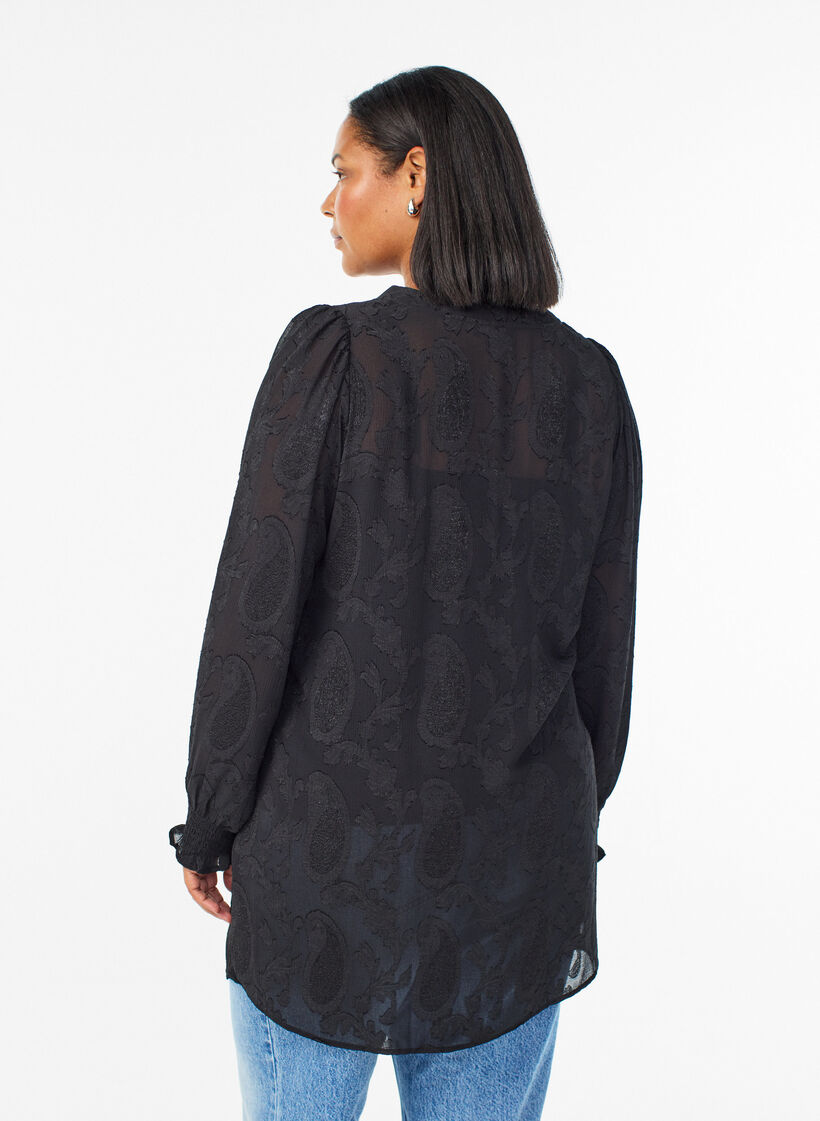 Tunic with a paisley texture and long sleeves, Black, Model image number 2