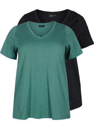 2-pack basic cotton t-shirt, Mallard Green/Black, Packshot image number 0