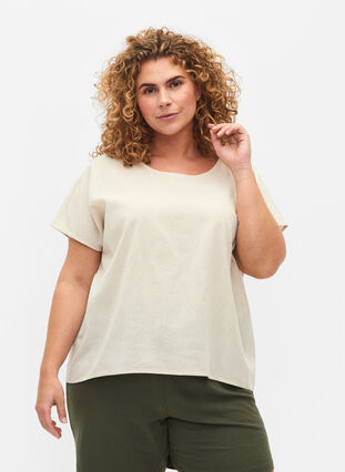 Short-sleeved blouse in cotton blend with linen, Sandshell, Model image number 0