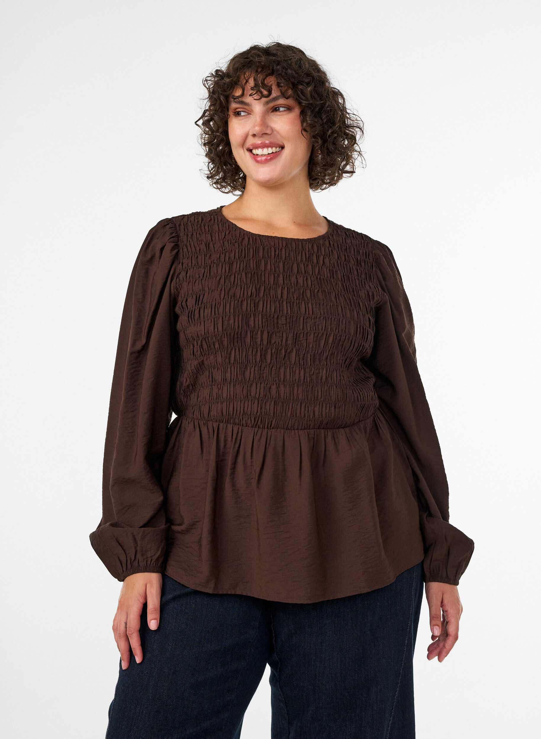Blouse with smock and long sleeves, Brown, Model