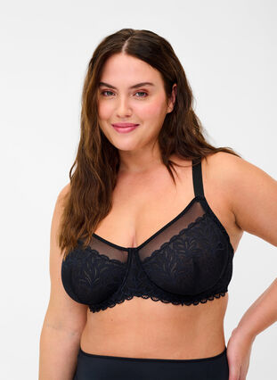 Padded bra with lace and string - Black - Sz. 85E-115H - Zizzifashion