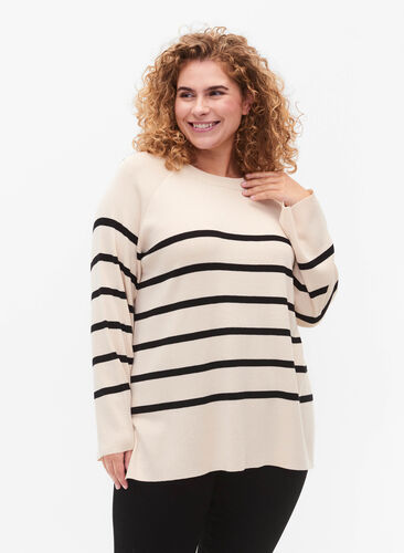Striped Viscose Sweater, Sandshell/Black S., Model image number 0