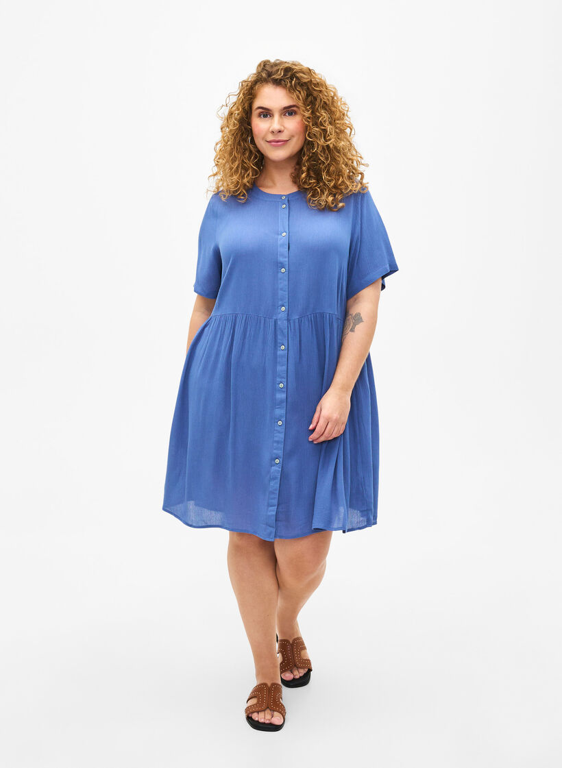 A-line viscose dress with short sleeves, Moonlight Blue, Model image number 2