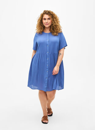 A-line viscose dress with short sleeves, Moonlight Blue, Model image number 2