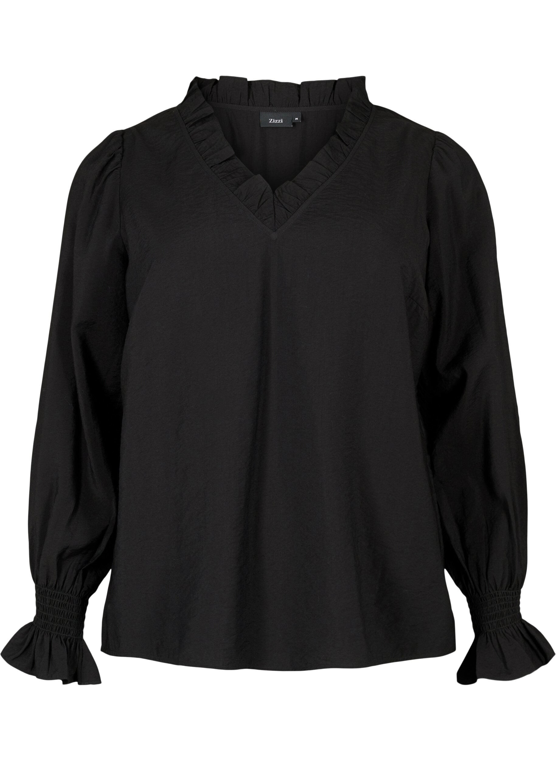 Zizzifashion Long-sleeved viscose blouse with ruffle details, Black, Packshot image number 0