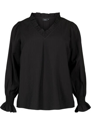 Long-sleeved viscose blouse with ruffle details, Black, Packshot image number 0
