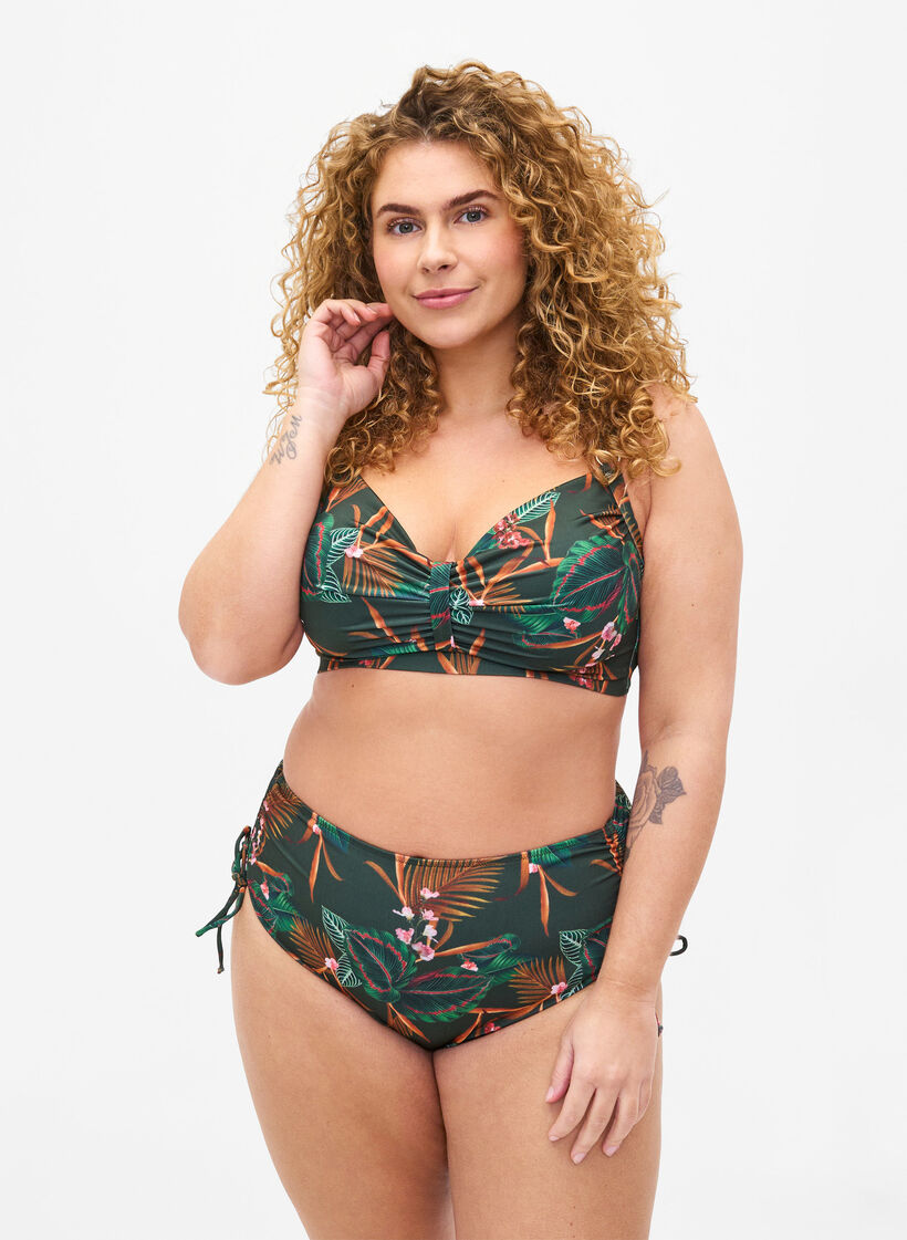 Printed high-waisted bikini bottom, Boheme Palm Aop , Model image number 0