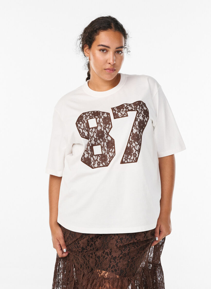 Cotton t-shirt with lace detail on the front, White, Model image number 0