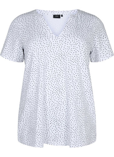 Cotton t-shirt with dots and v-neck, B.White/Black Dot, Packshot image number 0