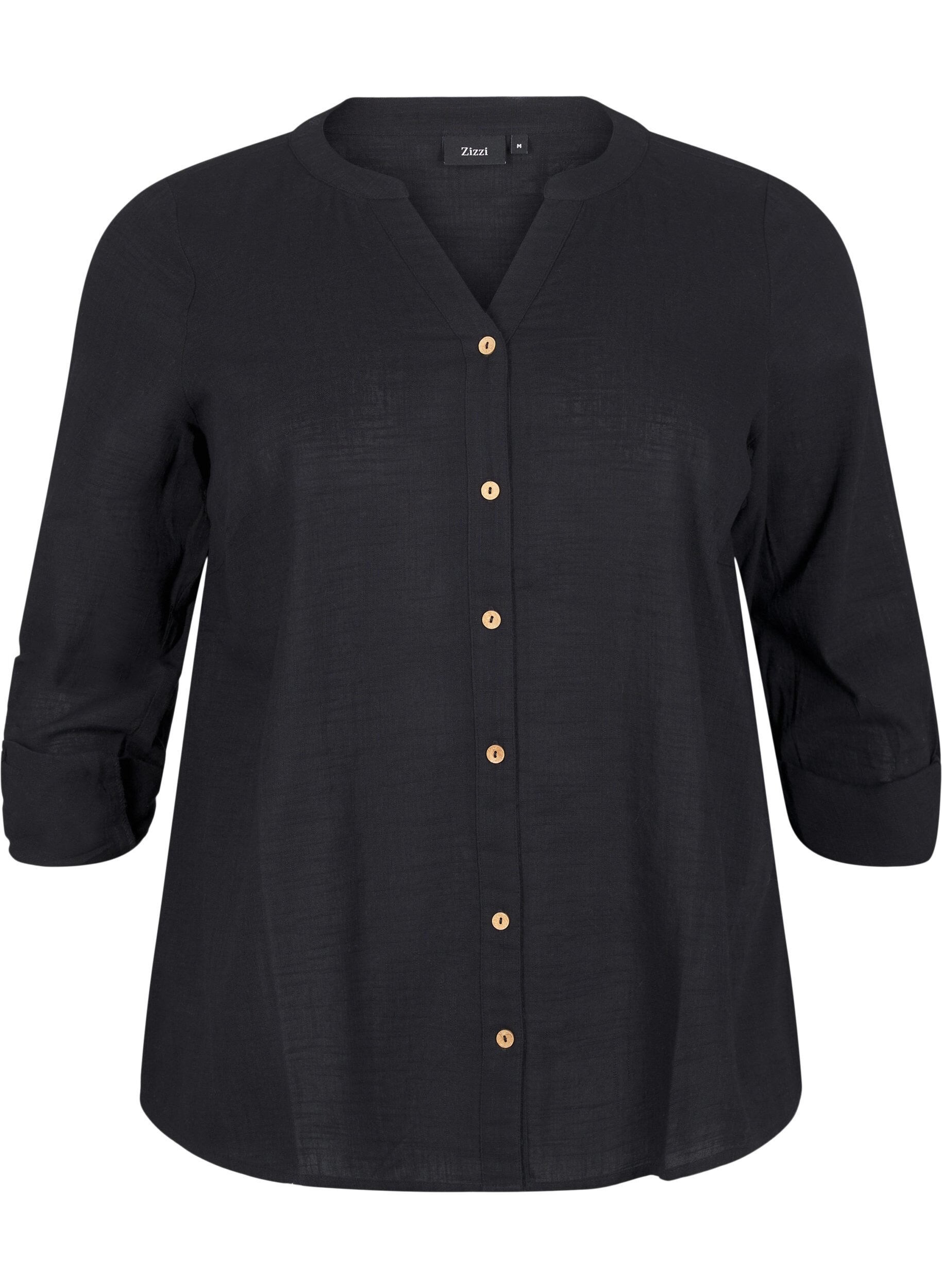 Zizzifashion Cotton shirt blouse with a v-neck, Black, Packshot image number 0