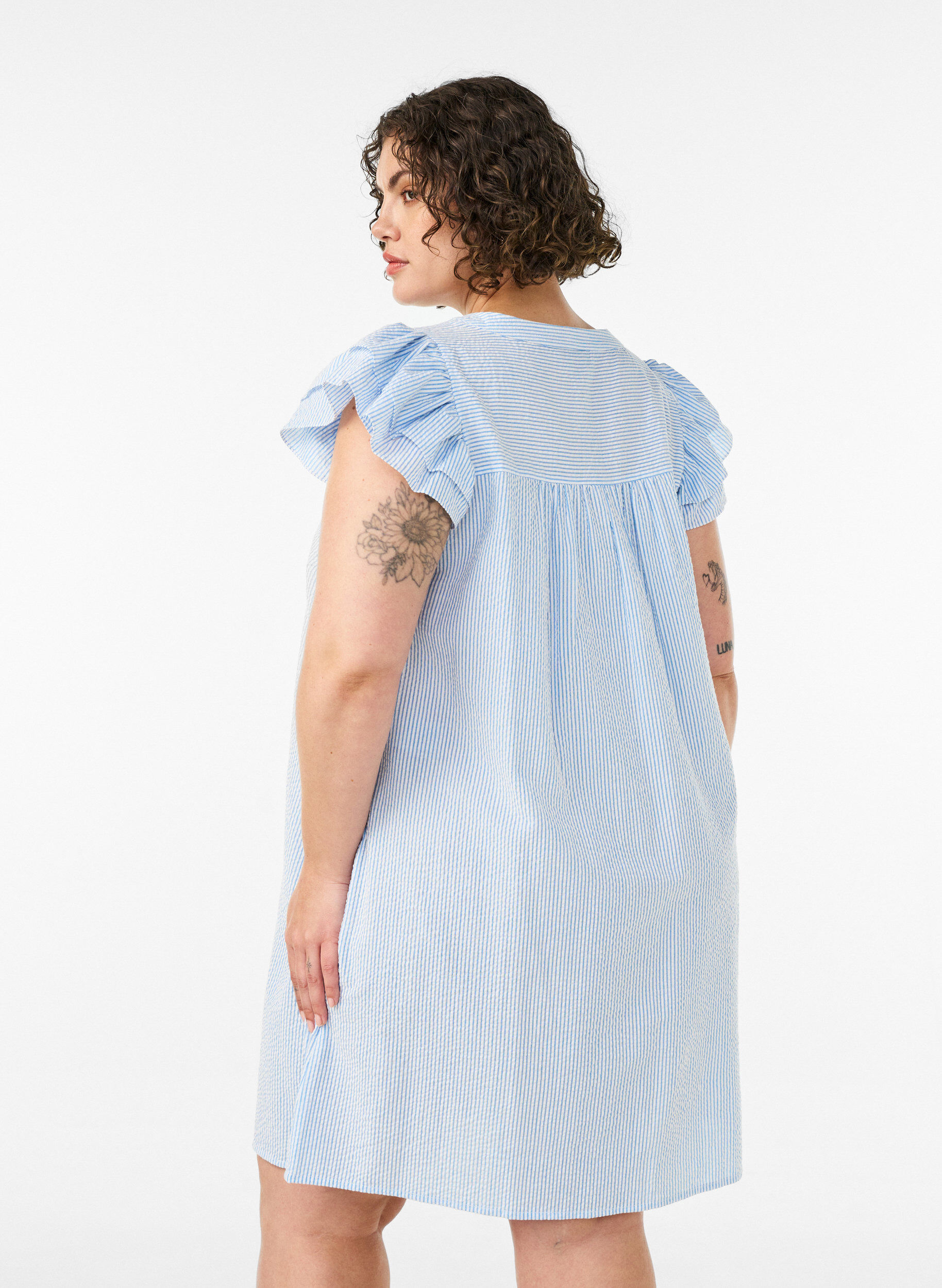 ZizzifashionStriped cotton dress with ruffles and an A-line fit, Light Blue, Model image number 2